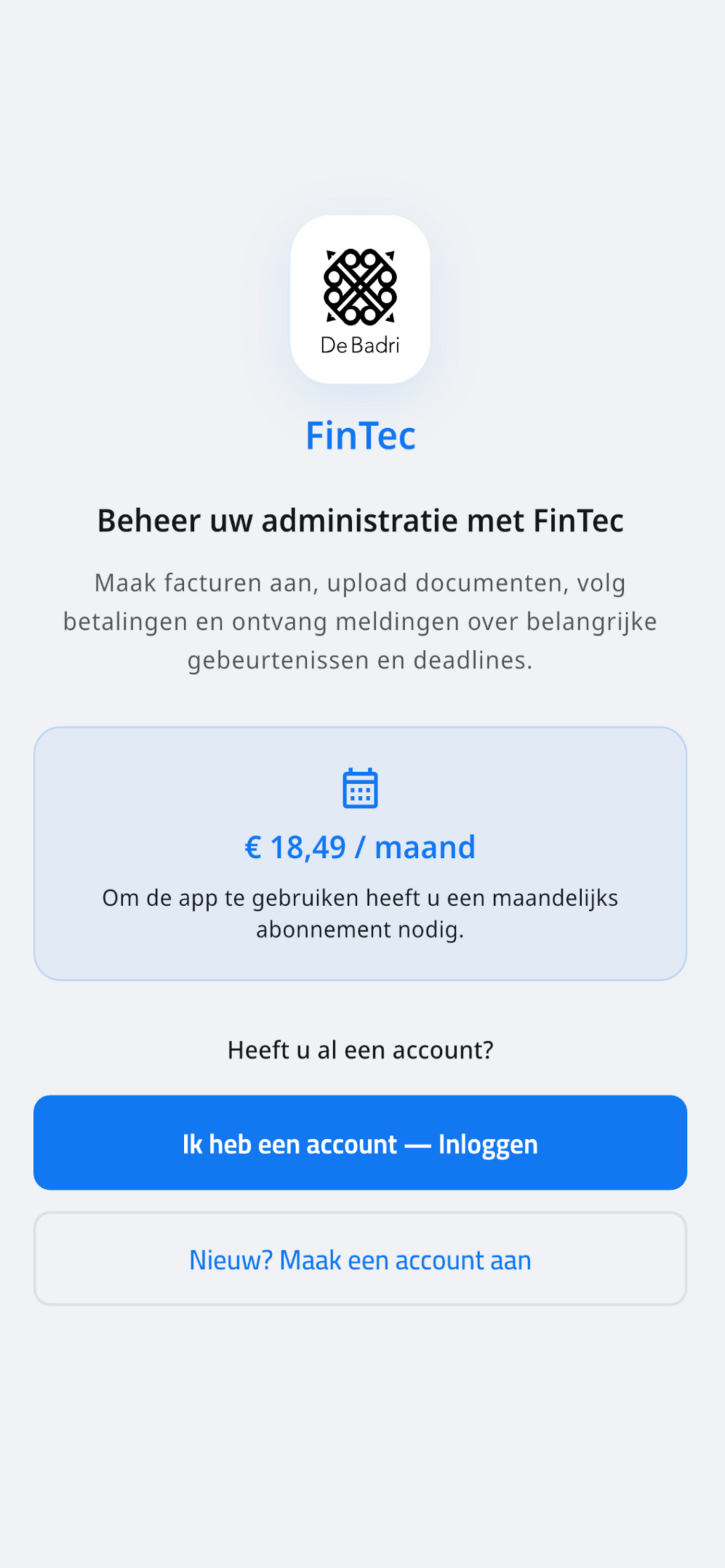 FinTec-welkomstscherm met appinformatie en een abonnement van € 18,49 per maand